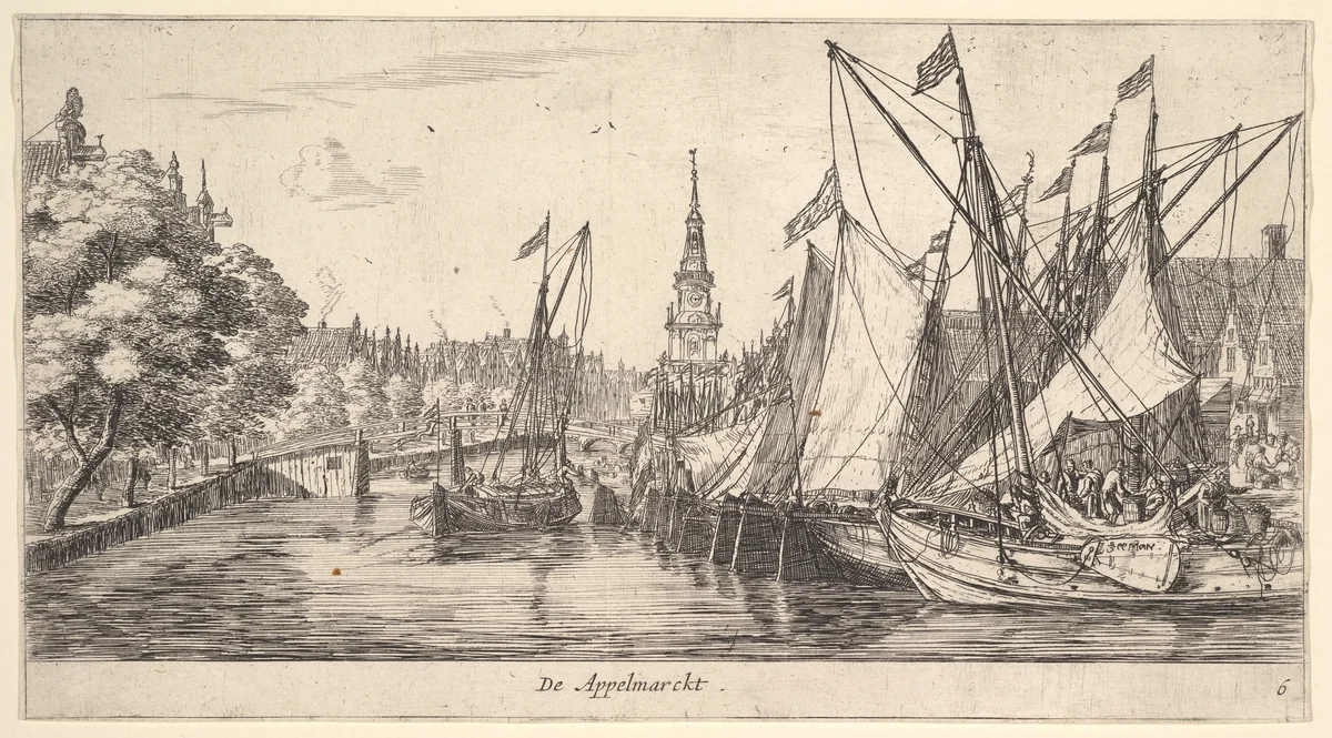 De Appelmarckt (The Apple Market), from Views in Amsterdam, plate 6 by Reinier Nooms, print, 1654-1667