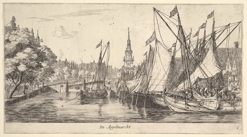 De Appelmarckt (The Apple Market), from Views in Amsterdam, plate 6 by Reinier Nooms, print, 1654-1667