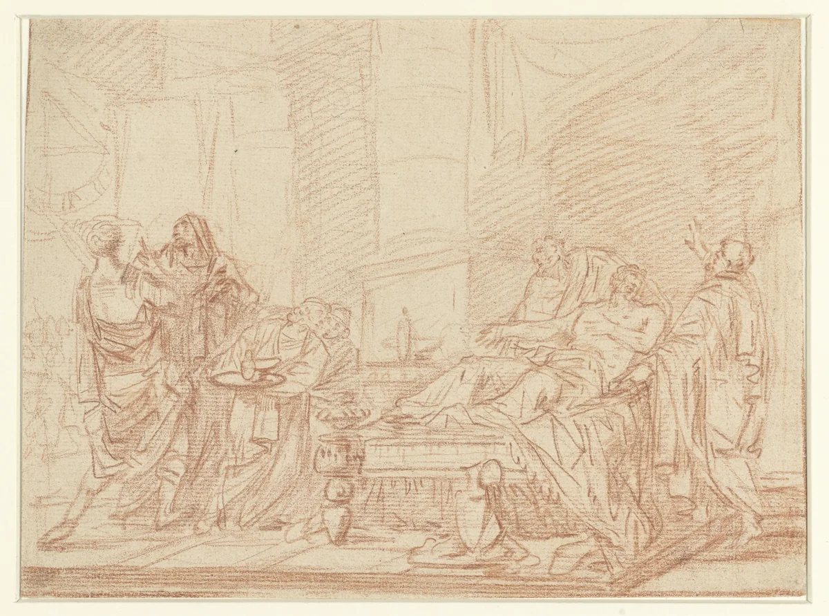 Sterfbed van een grijsaard by anonymous, drawing, 1700-1800