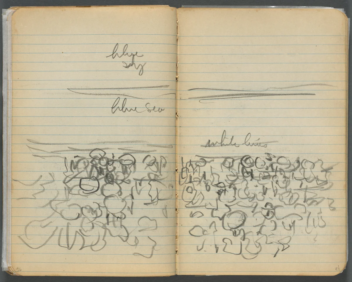 Sketchbook, page 046 & 47: Beach View with Color Notations by Maurice Prendergast, book, 1905-1910