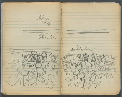 Sketchbook, page 046 & 47: Beach View with Color Notations by Maurice Prendergast, book, 1905-1910