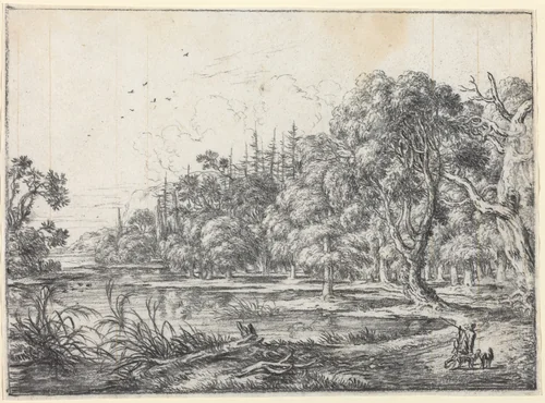 A Woodland Pond with a Hunter by Jonas Umbach, drawing, 1624-1693