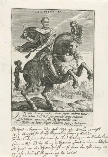 Karel V van Habsburg te paard by Crispijn van de Passe, print, 1604
