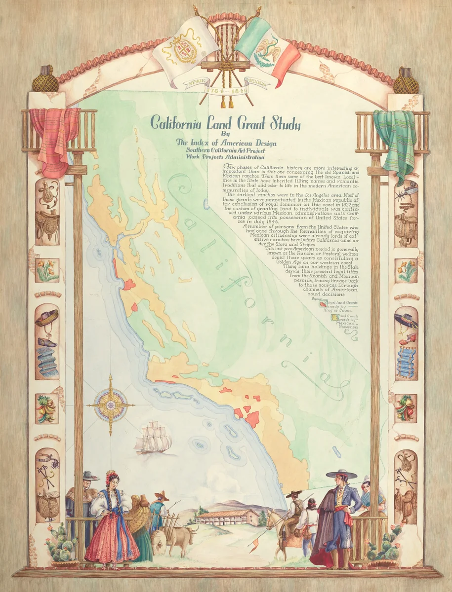 Map: California Land Grant Study by Hal Blakeley, index of american design, 1935-1942