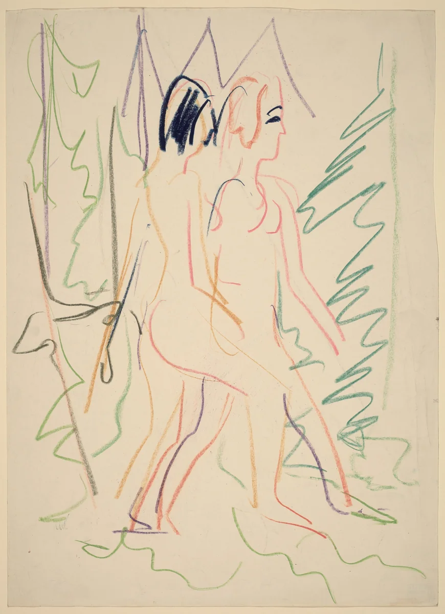 Two Nudes in a Forest by Ernst Ludwig Kirchner, drawing, 1925