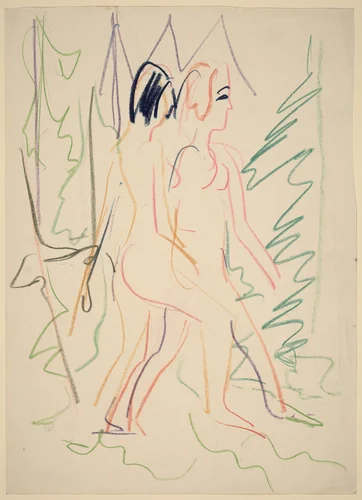 Two Nudes in a Forest by Ernst Ludwig Kirchner, drawing, 1925