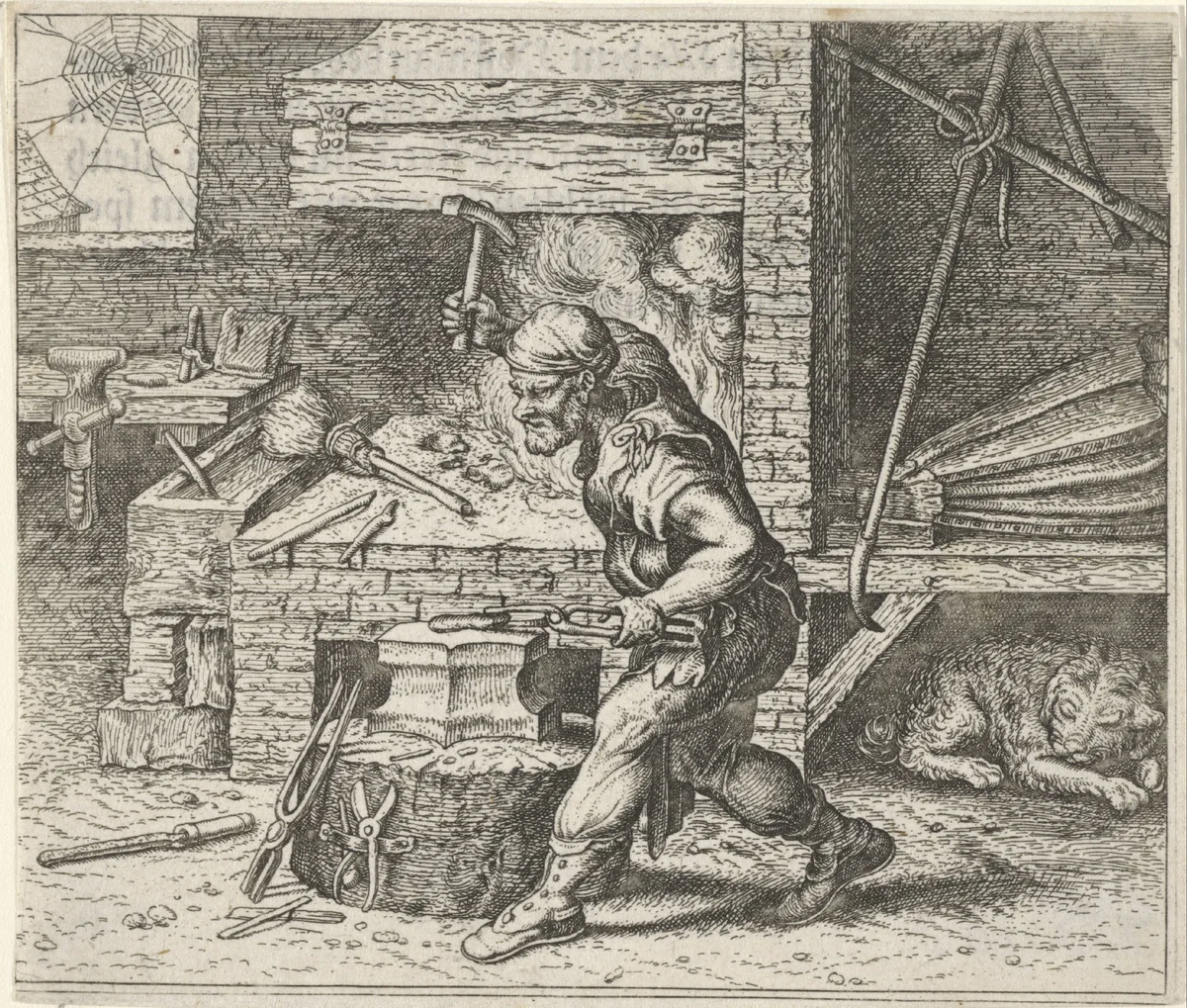 Fabel van de smid en de hond by Aegidius Sadeler, print, 1608