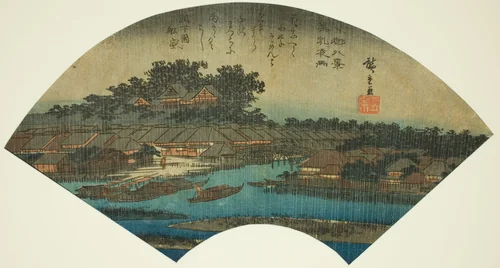 Evening Rain at Matsuchiyama (Matsuchiyama yau), from the series "Eight Views of the Eastern Capital (Toto hakkei)" by Utagawa Hiroshige (歌川広重), print, 1836-1837