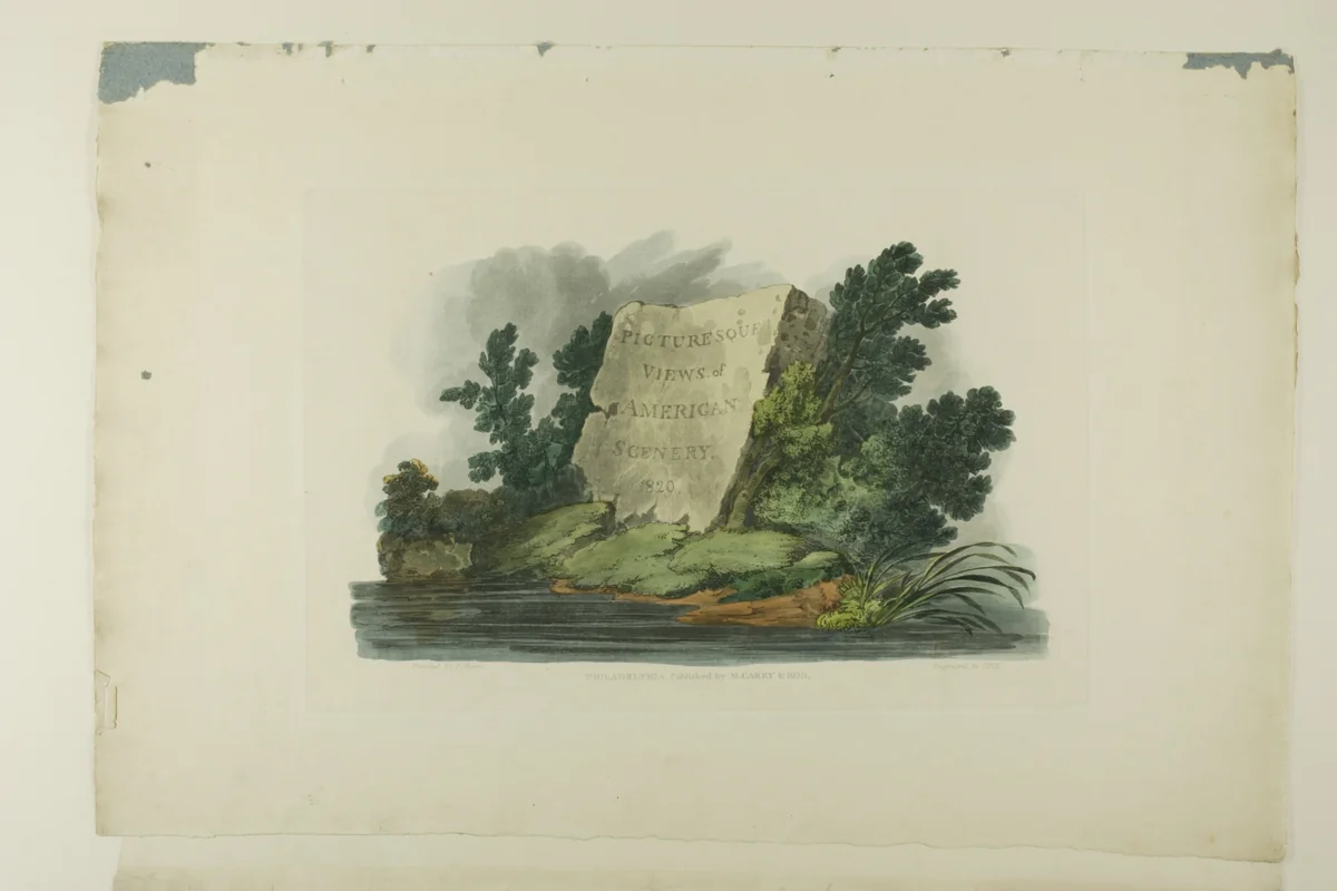 Title Page , Vignette, and plate one of the first number of Picturesque Views of American Scenery by Joshua Shaw, print, 1819-1821