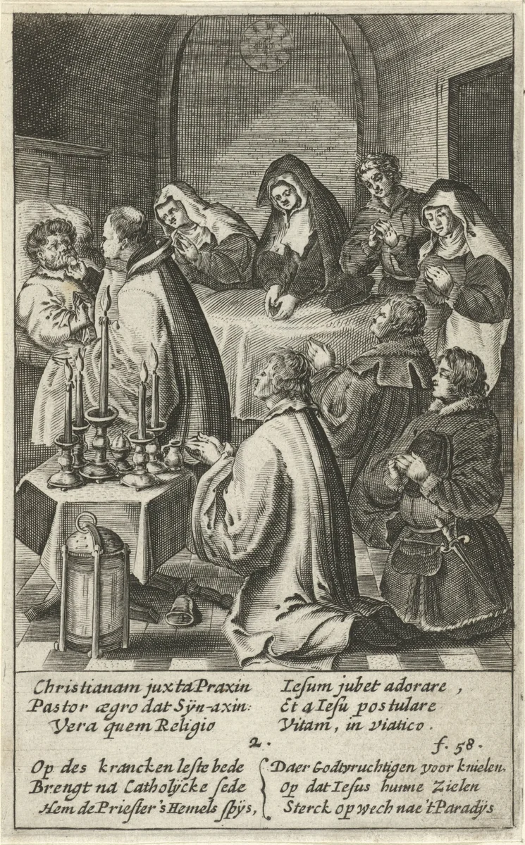 Zieke man ontvangt hostie van priester by Boëtius Adamsz. Bolswert, print, 1590-1633