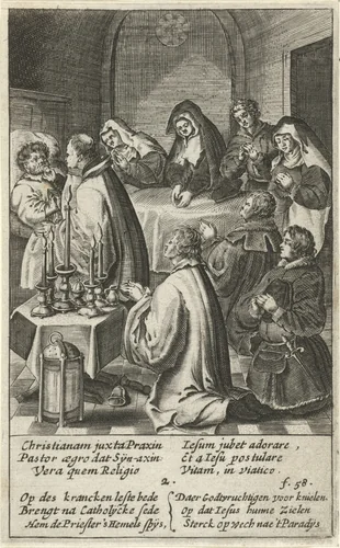 Zieke man ontvangt hostie van priester by Boëtius Adamsz. Bolswert, print, 1590-1633