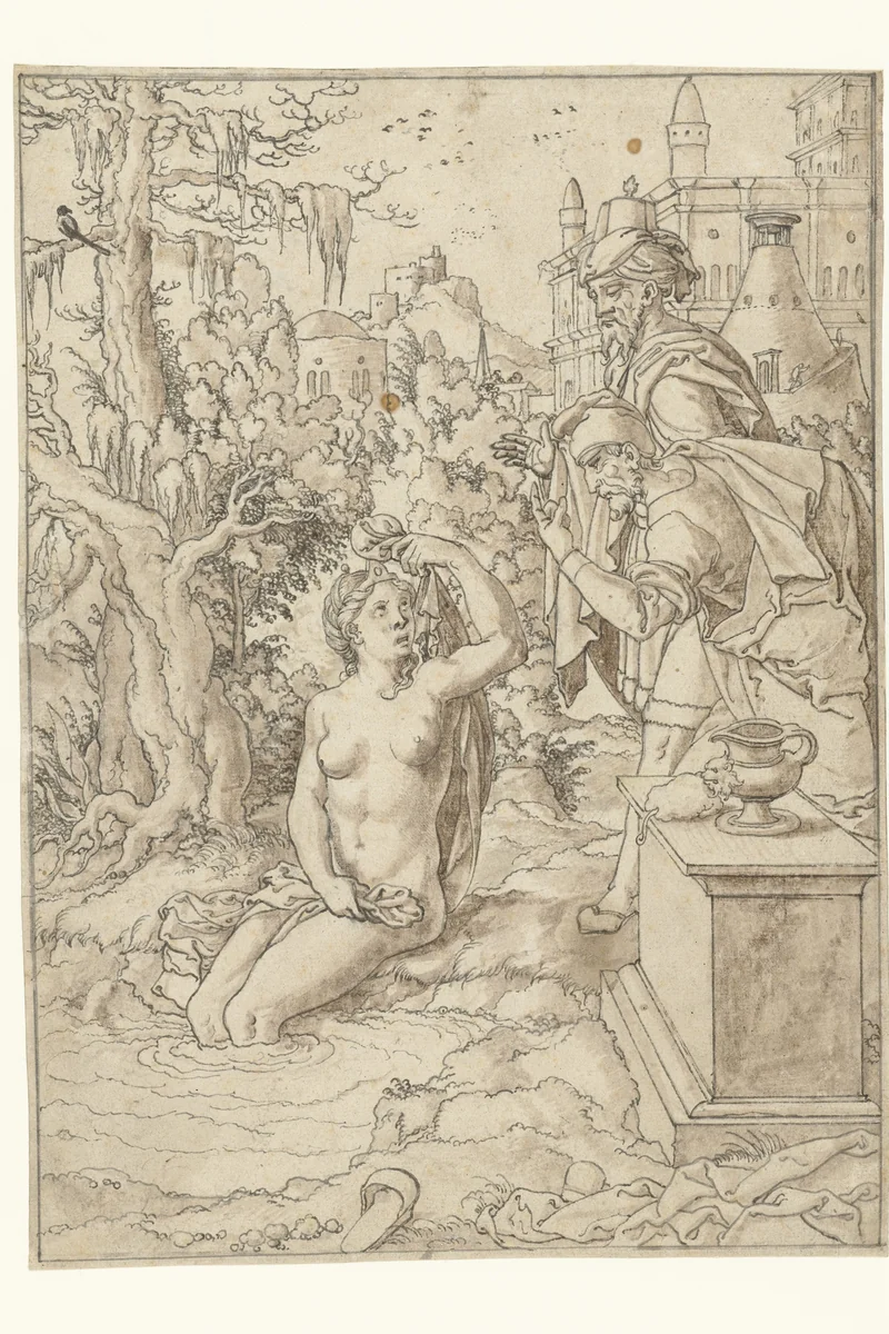 Suzanna en de twee ouderlingen by Jan Swart, drawing, 1540-1550