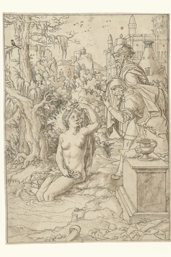 Suzanna en de twee ouderlingen by Jan Swart, drawing, 1540-1550