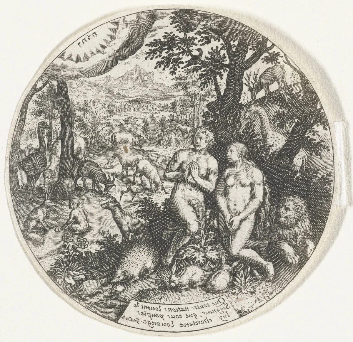 God spreekt met Adam en Eva in het Paradijs by Johann Theodor de Bry, print, 1581-1623