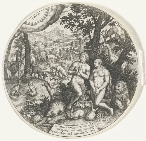 God spreekt met Adam en Eva in het Paradijs by Johann Theodor de Bry, print, 1581-1623