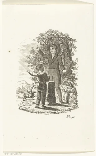Jongen vraagt weg aan man by Johannes Best, print, 1807-1855