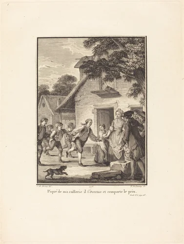 Piqué de ma raillerie, il s'évertue et remporte le prix by Nicolas Delaunay; Jean-Michel Moreau the Younger, print, 1778