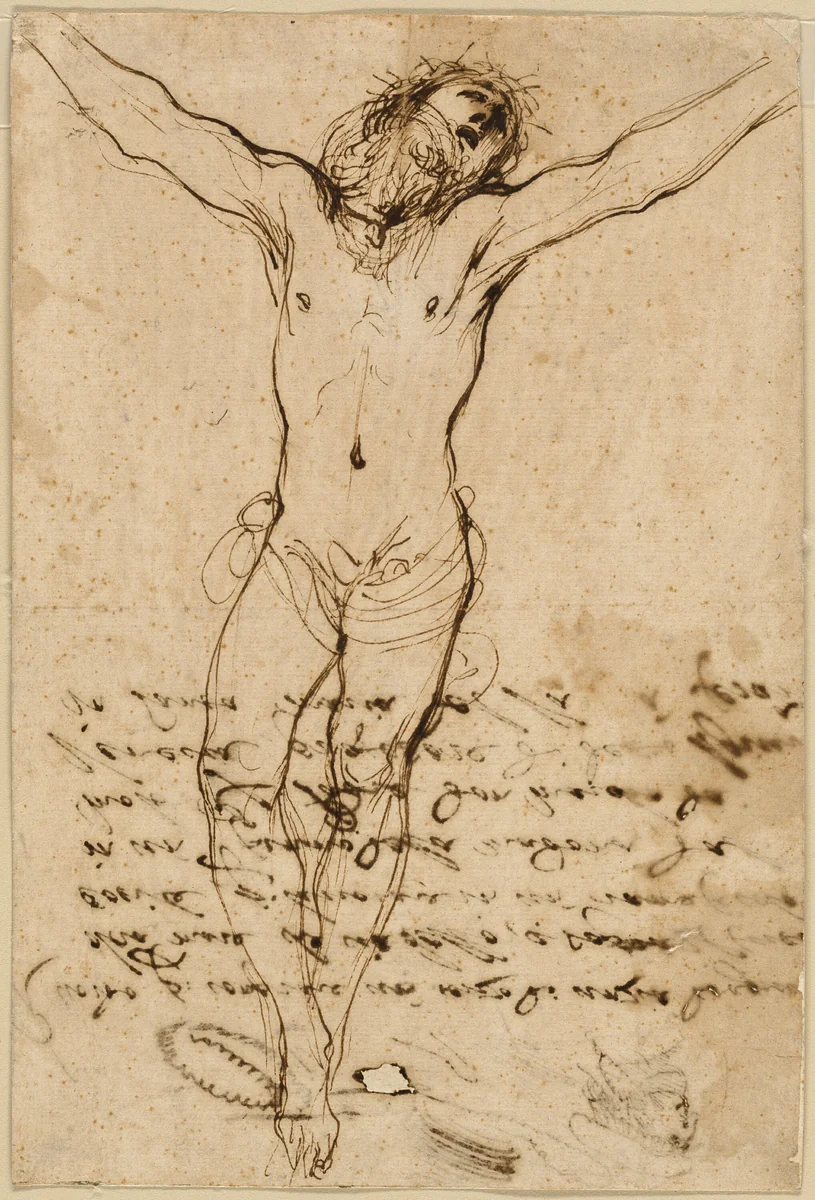 Christ on the Cross: Study for the Crucifixion with Saints by Guercino, drawing, 1624-1625