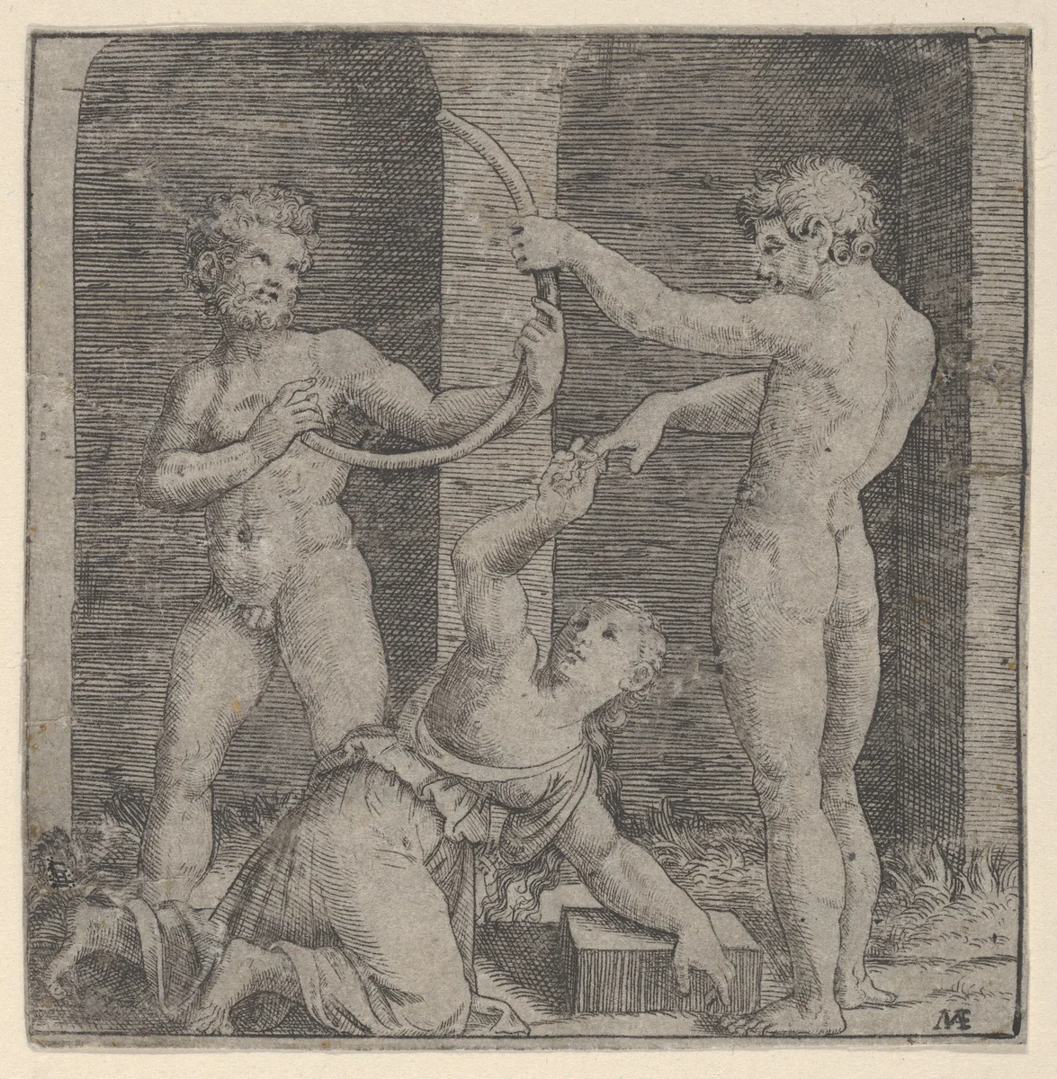 A woman kneeling at centre reaching up with her right hand to place a ring on the finger of a naked man holding a curved stick that is also held by another man at left by Marcantonio Raimondi, print, 1505-1515