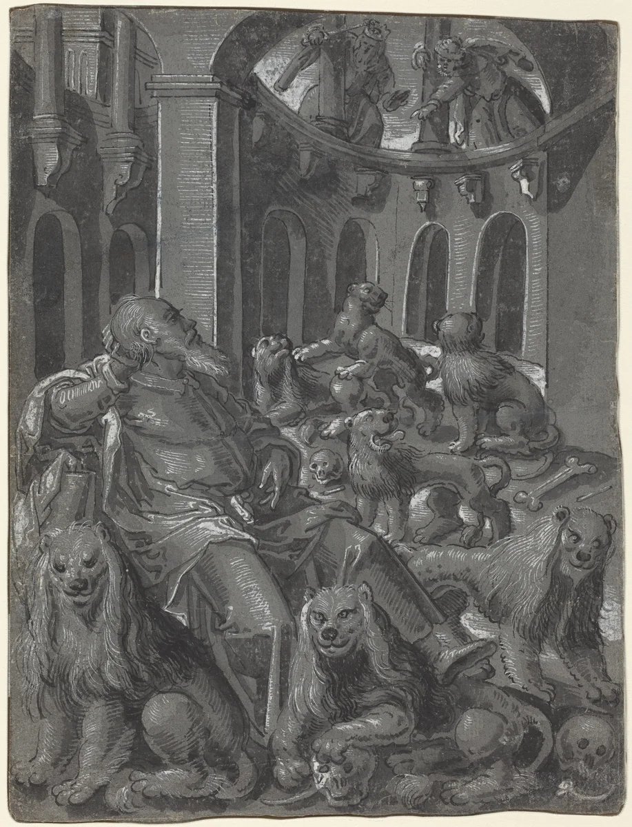 Daniel in the Lions' Den [recto] by German 16th Century, drawing, 1600
