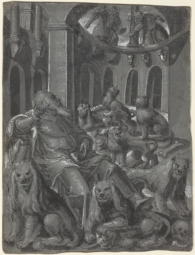 Daniel in the Lions' Den [recto] by German 16th Century, drawing, 1600