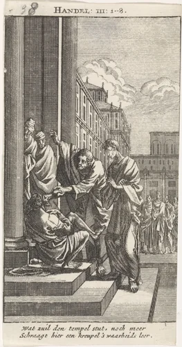 Peter and John heal a paralyzed man at the temple gate by anonymous, print, 1712
