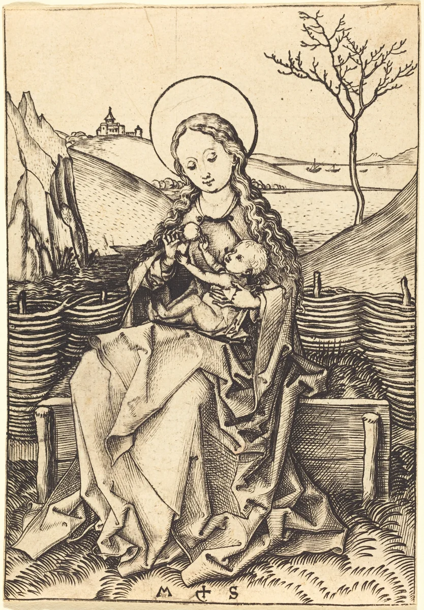 Virgin and Child on a Grassy Bench by Martin Schongauer, print, 1475-1480