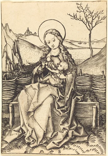 Virgin and Child on a Grassy Bench by Martin Schongauer, print, 1475-1480