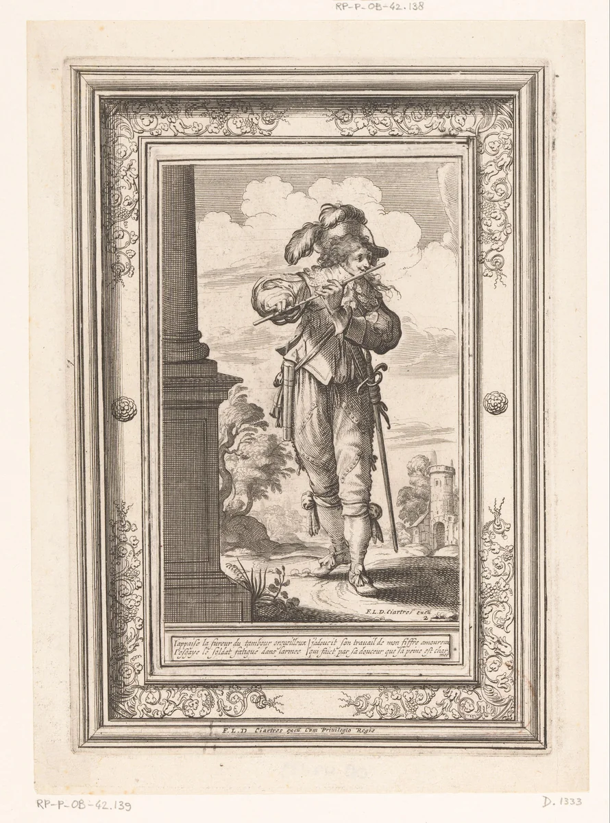 Fluitspeler, gekleed volgens de mode van ca. 1630 by Abraham Bosse, print, 1639