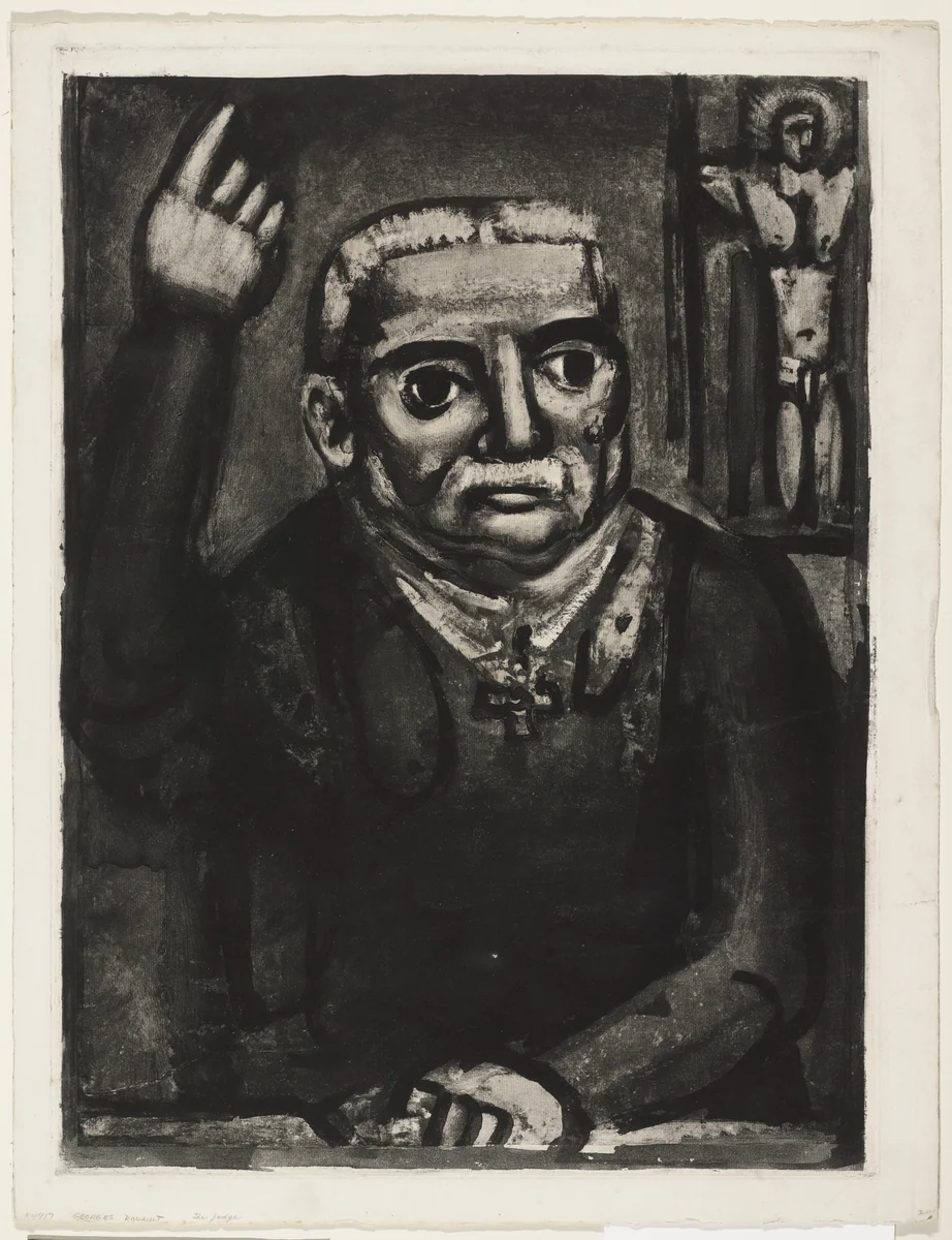 Trial proof for ...The Accused Indicted Beneath A Forgotten Crucifix, rejected plate from Miserere by Georges Rouault, print, 1922