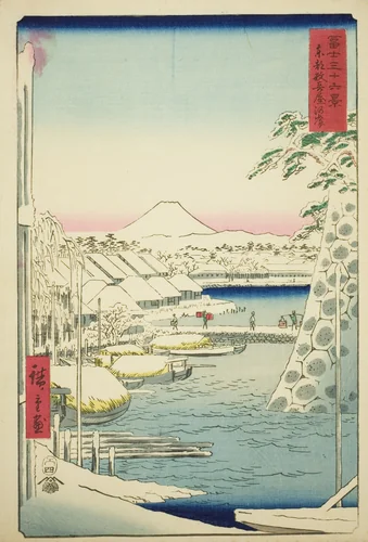 The Riverbank at Sukiya in the Eastern Capital (Toto Sukiyagashi), from the series "Thirty-six Views of Mount Fuji (Fuji sanjurokkei)" by Utagawa Hiroshige (歌川広重), print, 1858