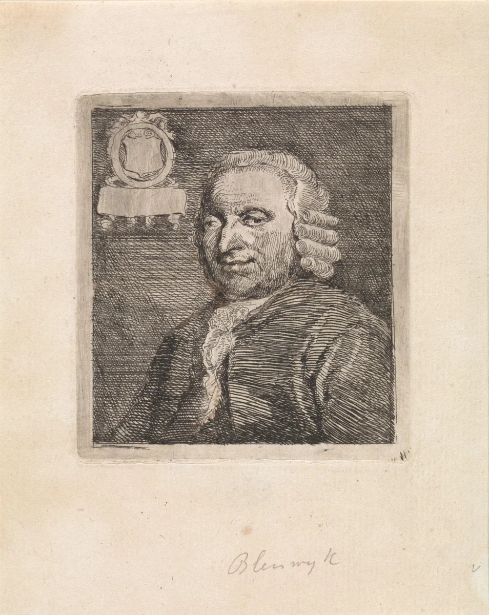 Portret van den raadpensionaris Van Bleiswijk. Buste met pruik en jabot, 3/4 links gewend. In den linkerbovenhoek een ledig wapenschild in eene eveneens ledige ronde lijst met lint en daaronder eene banderolle zonder eenig opschrift by Aert Schouman, print, 1720-1792