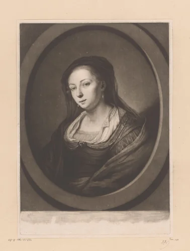 Portret van een onbekende vrouw met doorzichtige sluier en pareloorbellen by Jonathan Spilsbury, print, 1752-1812