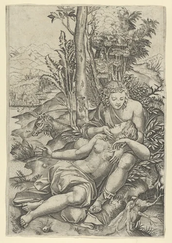 Medor and Angelica from Lodovico Ariosto's "Orlando Furioso", or Venus and Adonis embracing, set within a landscape by Marcantonio Raimondi, print, 1495-1539