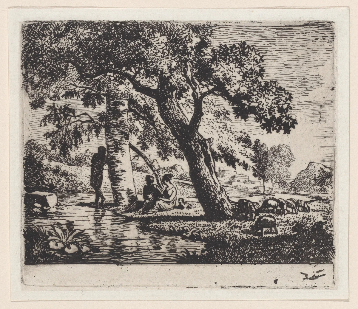 Three figures seated beneath a tree with a body of water at left and sheep at right by Jean Louis de Marne, print, 1774-1829