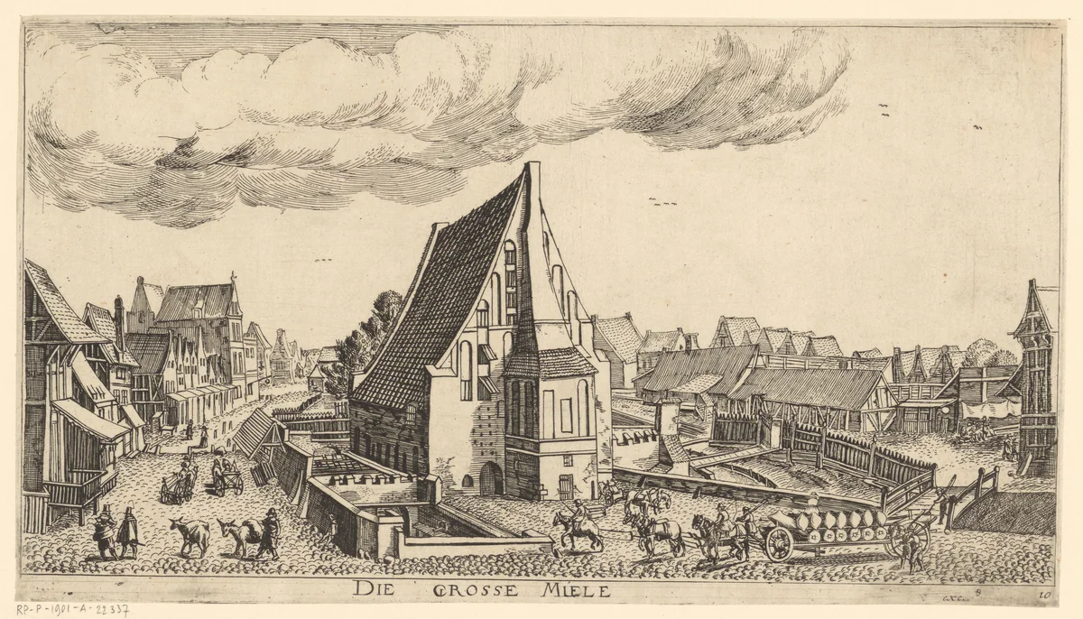 Gezicht op de Grote Molen in Danzig by Aegidius Dickmann, print, 1625