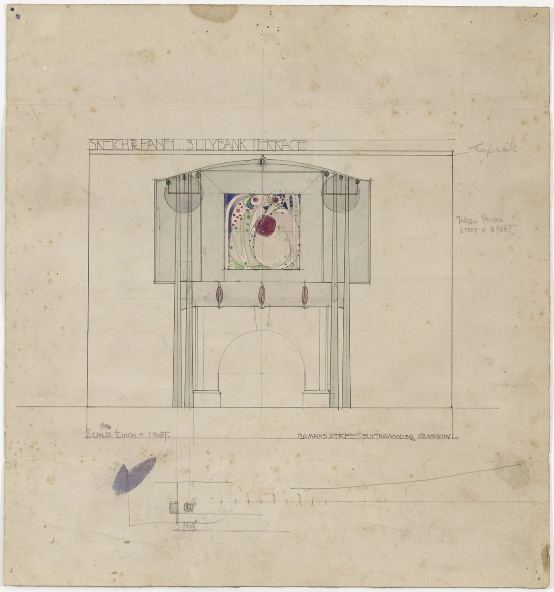 Design for Mantelpiece Incorporating Painted Panel, 3 Lilybank Terrace, Glasgow, Scotland by Charles Rennie Mackintosh, Margaret Macdonald, architecture, 1901