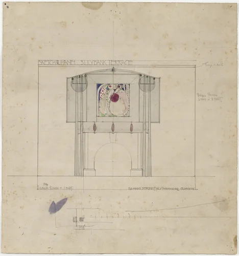 Design for Mantelpiece Incorporating Painted Panel, 3 Lilybank Terrace, Glasgow, Scotland by Charles Rennie Mackintosh, Margaret Macdonald, architecture, 1901