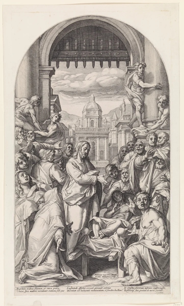 Christus wekt de zoon van de weduwe te Naïn op by Unknown, print, 1593-1594