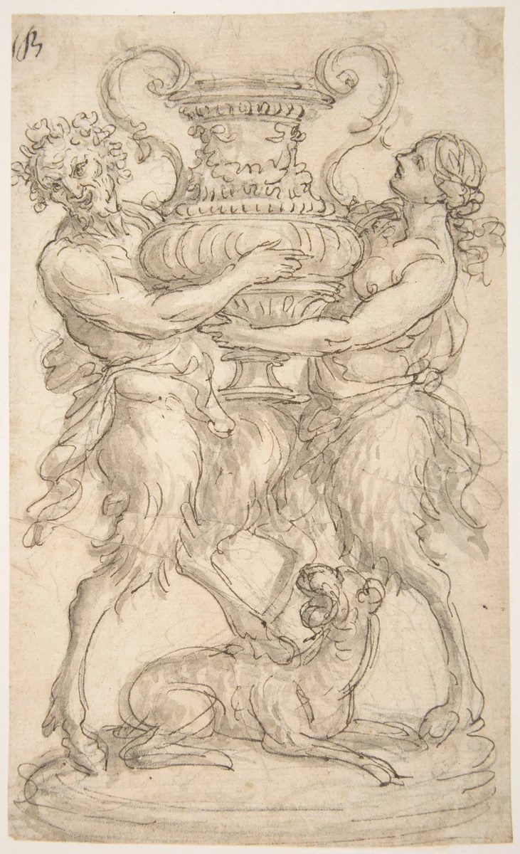 Design for a Sculpture consisting of a Satyr and Satyress holding a Vase by Giovanni Battista Foggini, drawing, 1652-1725