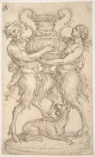Design for a Sculpture consisting of a Satyr and Satyress holding a Vase by Giovanni Battista Foggini, drawing, 1652-1725