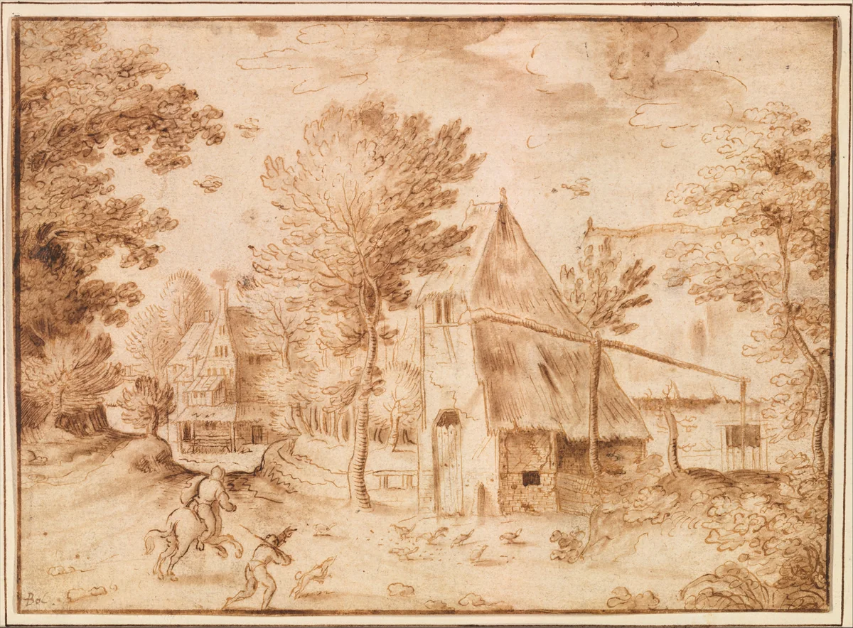 Travelers at a Village by Joos van Liere, drawing, 1567-1632