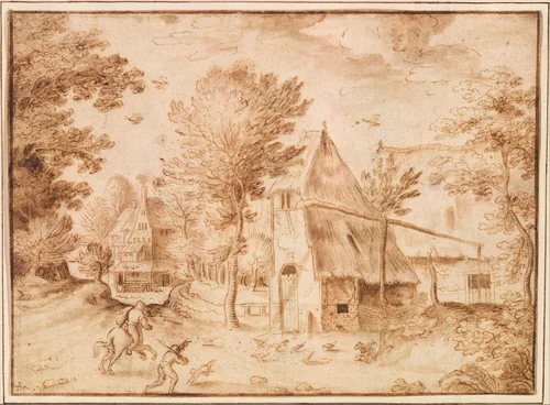 Travelers at a Village by Joos van Liere, drawing, 1567-1632