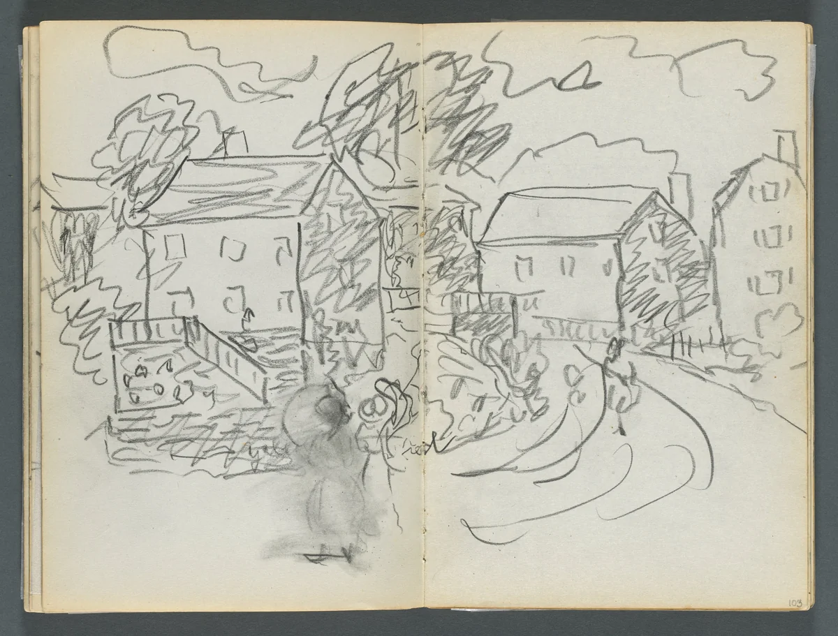 Sketchbook, The Dells, N° 127, page 102 & 103: Landscape with Houses and Road by Maurice Prendergast, book, 1919-1921