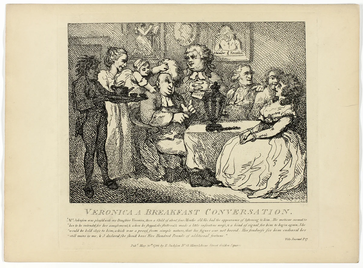 Veronica A Breakfast Conversation, from Boswell's Tour of the Hebrides by Thomas Rowlandson, print, 1786