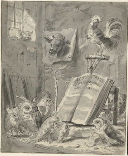 Recto: Caricature of the Synod of Dordrecht / Verso: Letter from Cornelis Saftleven to Petrus Scriverius by Cornelis Saftleven, drawing, 1640-1649