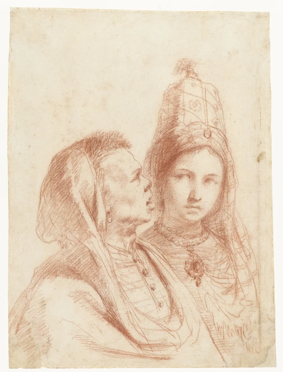 Borstbeelden van een man en een vrouw in Zuid-Oost Europese kostuums by Guercino, drawing, 1645-1655
