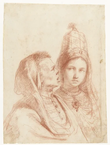 Borstbeelden van een man en een vrouw in Zuid-Oost Europese kostuums by Guercino, drawing, 1645-1655
