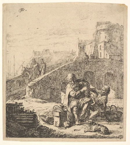 Lazarillo Stealing Grapes from the Poor Blind Beggar by Thomas Wijck, print, 1610-1677