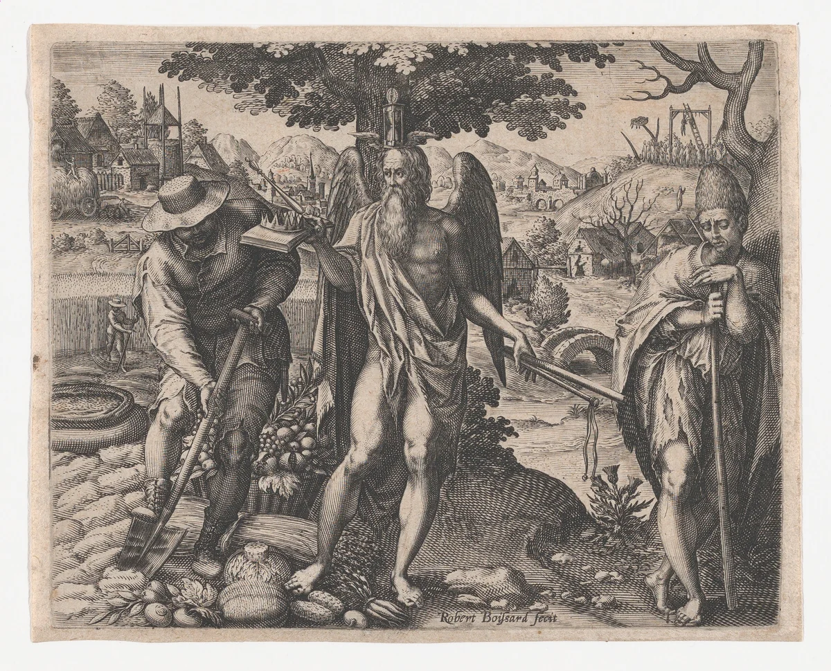 Time Rewarding Work and Punishing Laziness by Robert Boissard, print, 1500-1599